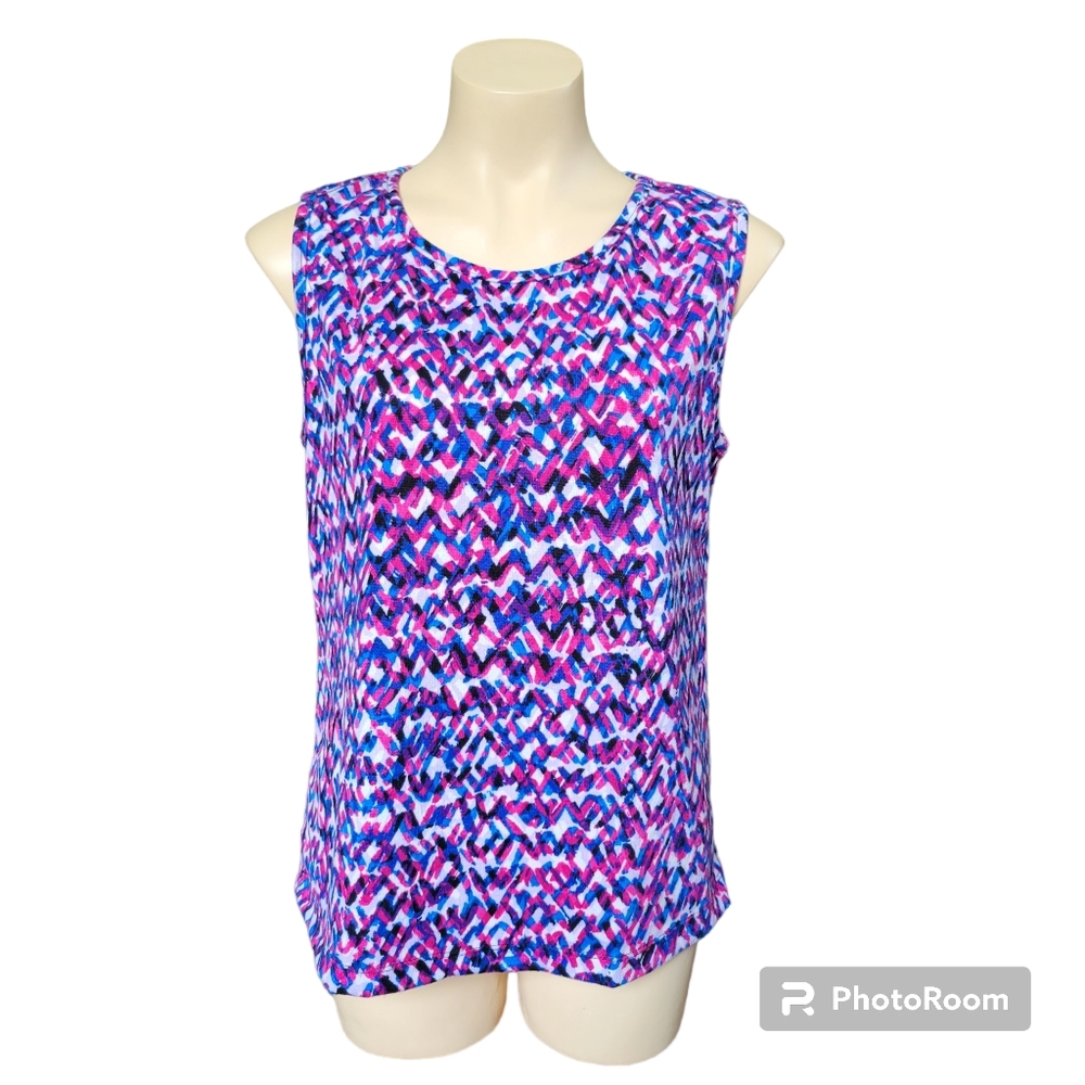 New The Look Women's XL USA Made Pink Blue Crew Neck Sleeveless Knit Tank Top
